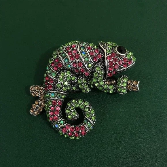 Pink Green Rhinestone Chamelion Pin Broach - Picture 2 of 4
